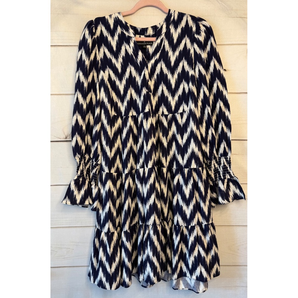 Pomander Place Navy White Ikat Chevron Tiered Mini Dress L Y20391OMYT